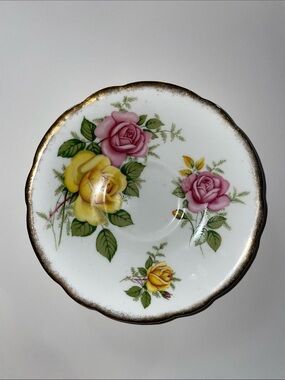 Imperial Porcelain Rose-Pattern Saucer in Pink, Yellow & Green with Gold Trim